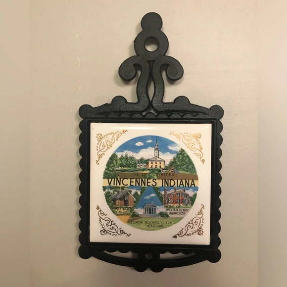 Decorated Tile Trivet Cast Iron Frames Vincennes Indiana Made in Japan - Picture 1 of 7